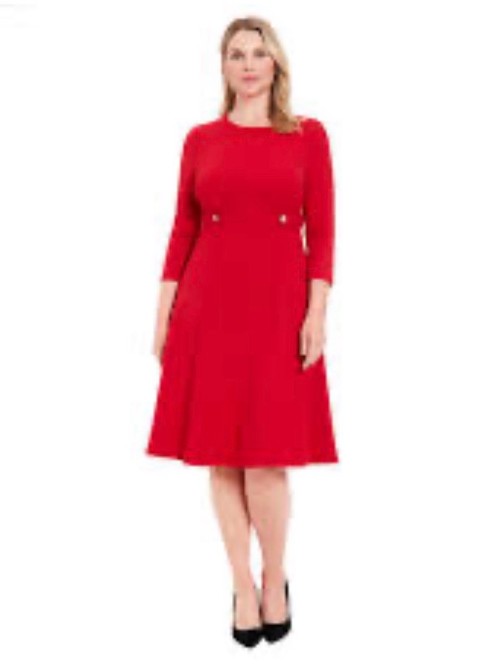 London Times Red Fit-and-Flare Midi Dress with Three-Quarter Sleeves